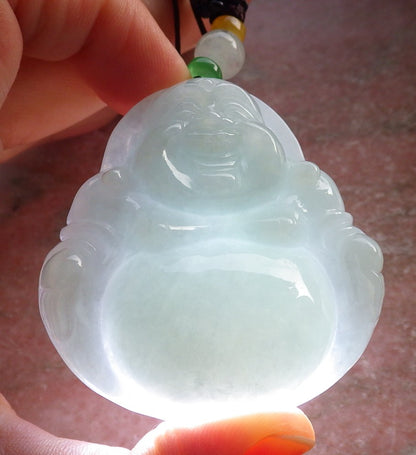 Certified Green Burma 100% Natural A Jade jadeite pendant Happy Buddha God Necklace 开心佛 646189 TN