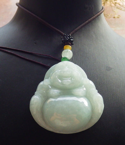Certified Green Burma 100% Natural A Jade jadeite pendant Happy Buddha God Necklace 开心佛 646189 TN