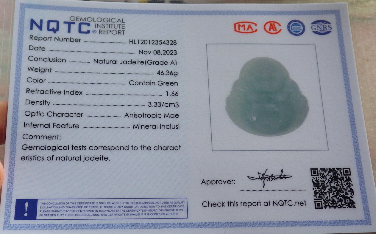 Certified Green Burma 100% Natural A Jade jadeite pendant Happy Buddha God Necklace 开心佛 646189 TN