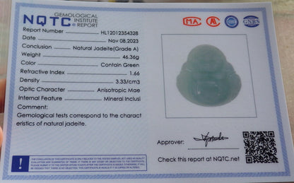 Certified Green Burma 100% Natural A Jade jadeite pendant Happy Buddha God Necklace 开心佛 646189 TN