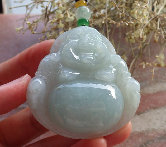 Certified Green Burma 100% Natural A Jade jadeite pendant Happy Buddha God Necklace 开心佛 646310 TN