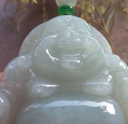 Certified Green Burma 100% Natural A Jade jadeite pendant Happy Buddha God Necklace 开心佛 646310 TN