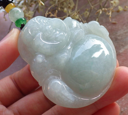 Certified Green Burma 100% Natural A Jade jadeite pendant Happy Buddha God Necklace 开心佛 646310 TN