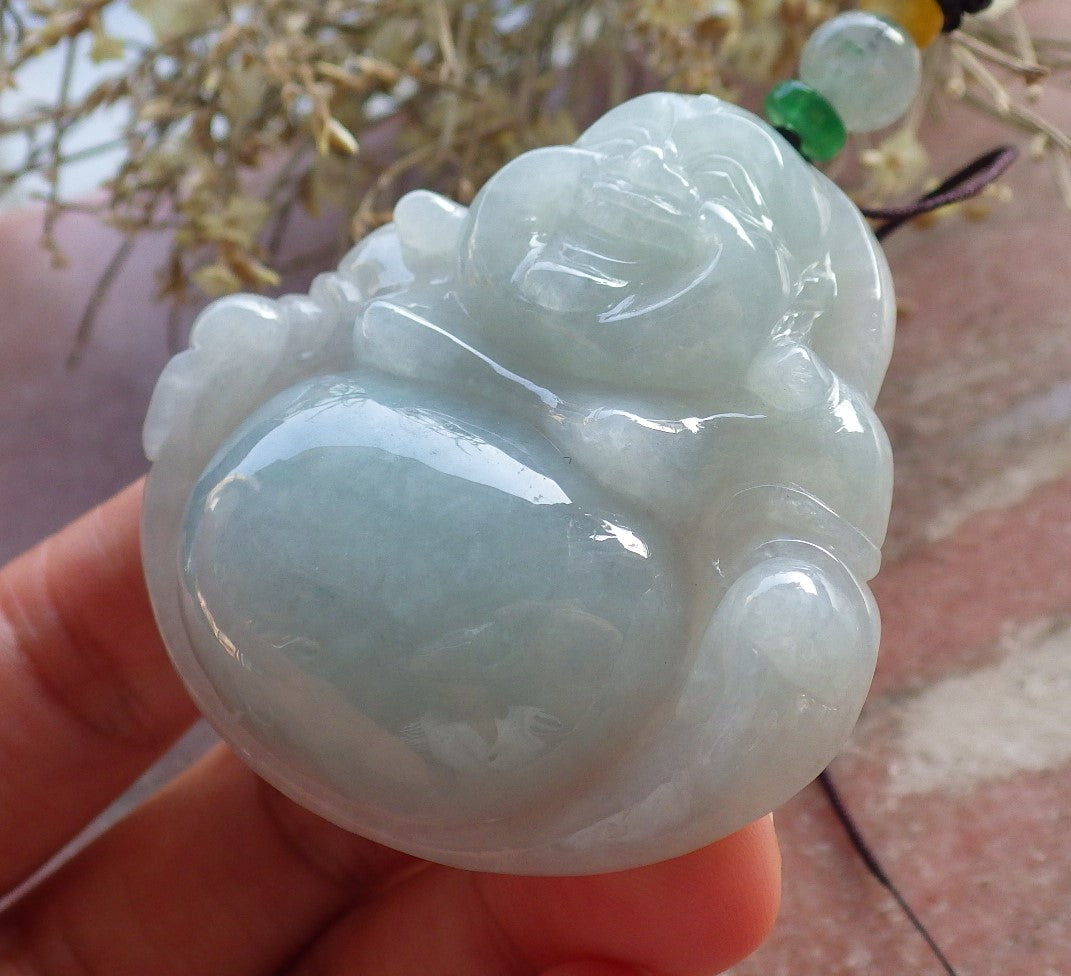 Certified Green Burma 100% Natural A Jade jadeite pendant Happy Buddha God Necklace 开心佛 646310 TN