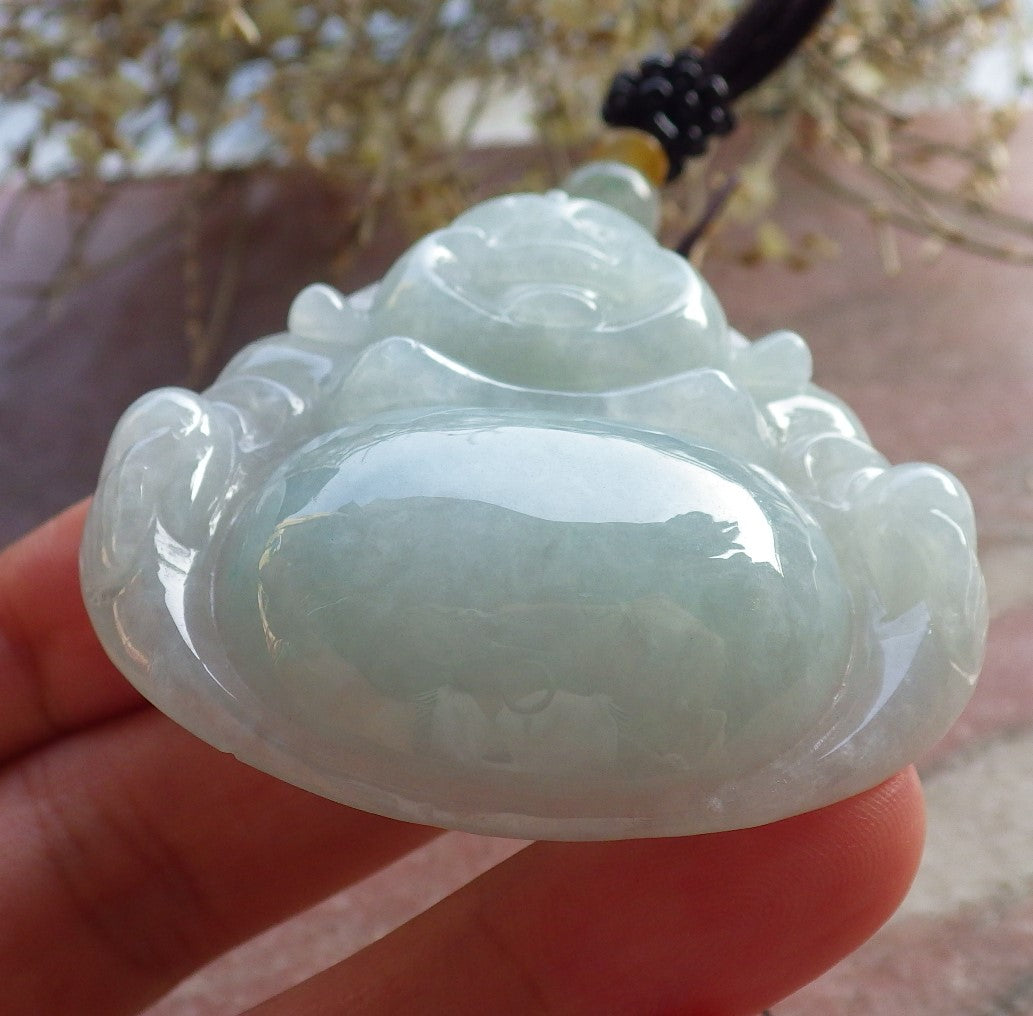 Certified Green Burma 100% Natural A Jade jadeite pendant Happy Buddha God Necklace 开心佛 646310 TN