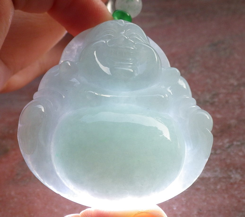 Certified Green Burma 100% Natural A Jade jadeite pendant Happy Buddha God Necklace 开心佛 646310 TN