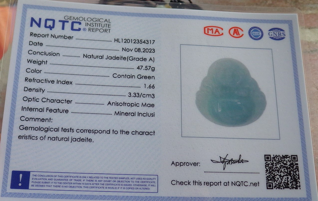 Certified Green Burma 100% Natural A Jade jadeite pendant Happy Buddha God Necklace 开心佛 646310 TN