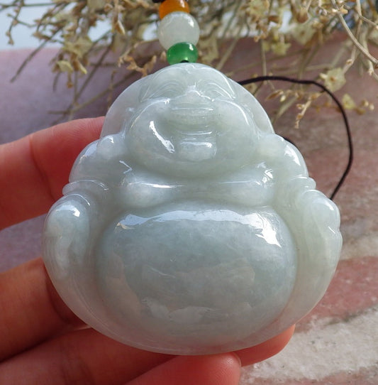 Certified Green Burma 100% Natural A Jade jadeite pendant Happy Buddha God Necklace 开心佛 646320 TN