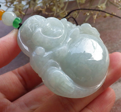 Certified Green Burma 100% Natural A Jade jadeite pendant Happy Buddha God Necklace 开心佛 646320 TN