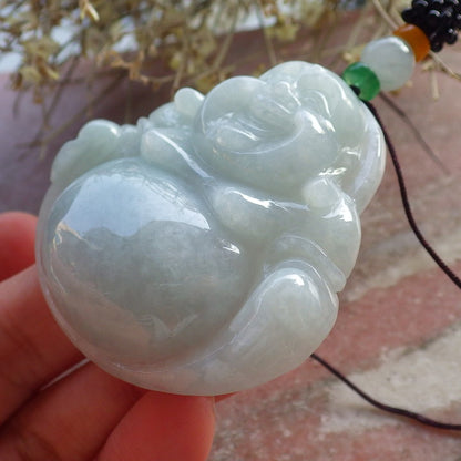 Certified Green Burma 100% Natural A Jade jadeite pendant Happy Buddha God Necklace 开心佛 646320 TN