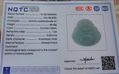 Certified Green Burma 100% Natural A Jade jadeite pendant Happy Buddha God Necklace 开心佛 646320 TN