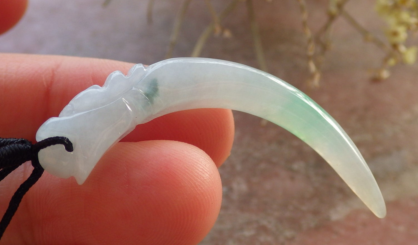 Certified Icy Green Burma 100% Natural A Jade jadeite Pendant Dragon tooth Necklace 龙牙 646351 TN