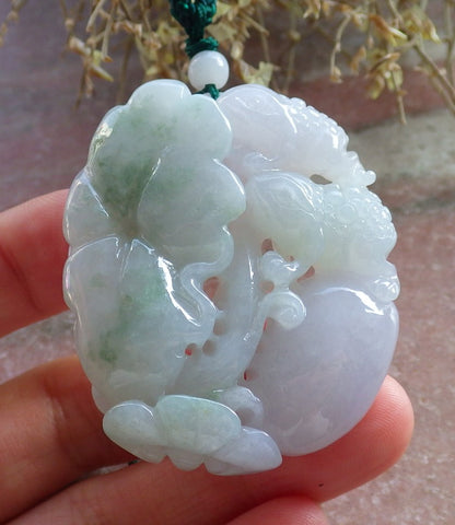 Certified Green Pale Lavender Burma 100% Natural A Jade jadeite Pendant Frog Toad Lotus Leaf Ruyi Necklace 招财蟾 647072 TN