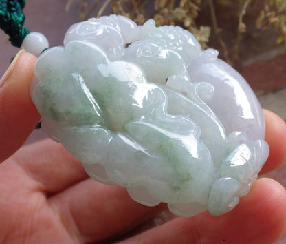 Certified Green Pale Lavender Burma 100% Natural A Jade jadeite Pendant Frog Toad Lotus Leaf Ruyi Necklace 招财蟾 647072 TN