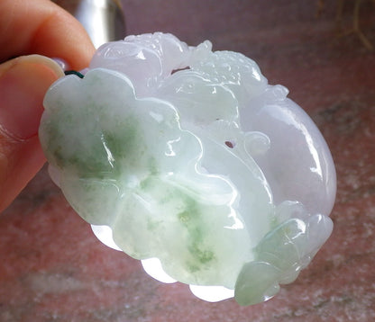 Certified Green Pale Lavender Burma 100% Natural A Jade jadeite Pendant Frog Toad Lotus Leaf Ruyi Necklace 招财蟾 647072 TN