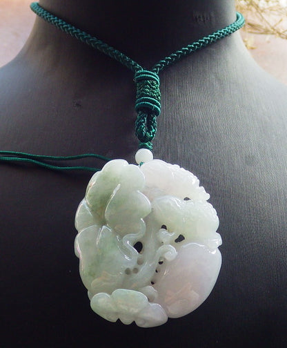 Certified Green Pale Lavender Burma 100% Natural A Jade jadeite Pendant Frog Toad Lotus Leaf Ruyi Necklace 招财蟾 647072 TN