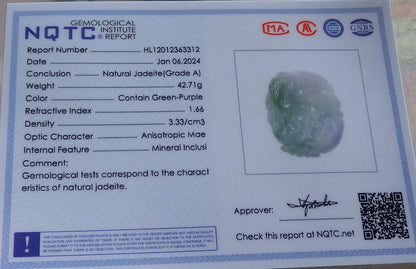 Certified Green Pale Lavender Burma 100% Natural A Jade jadeite Pendant Frog Toad Lotus Leaf Ruyi Necklace 招财蟾 647072 TN