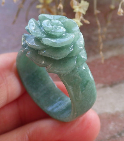 Certified Green Burma 100% Natural A JADE Jadeite Rose Flower RING USA. 11.75 花戒指 647101 TN