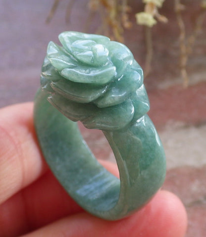 Certified Green Burma 100% Natural A JADE Jadeite Rose Flower RING USA. 11.75 花戒指 647101 TN