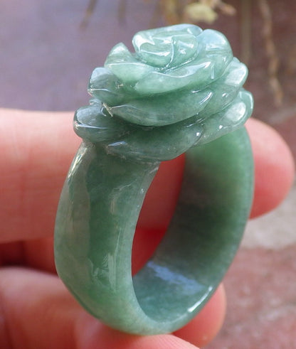 Certified Green Burma 100% Natural A JADE Jadeite Rose Flower RING USA. 11.75 花戒指 647101 TN