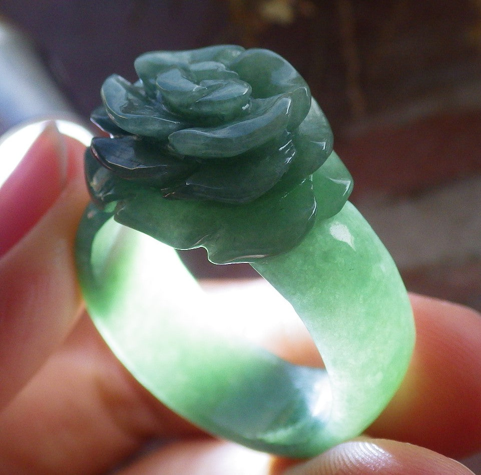 Certified Green Burma 100% Natural A JADE Jadeite Rose Flower RING USA. 11.75 花戒指 647101 TN