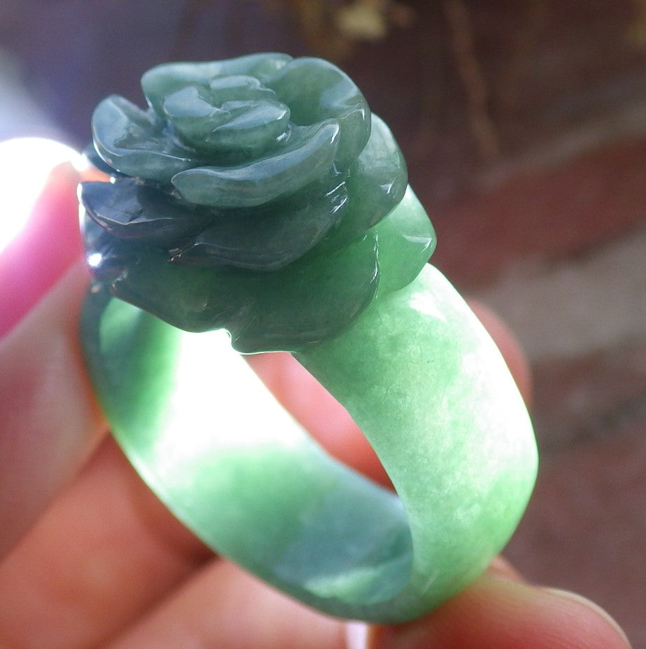 Certified Green Burma 100% Natural A JADE Jadeite Rose Flower RING USA. 11.75 花戒指 647101 TN