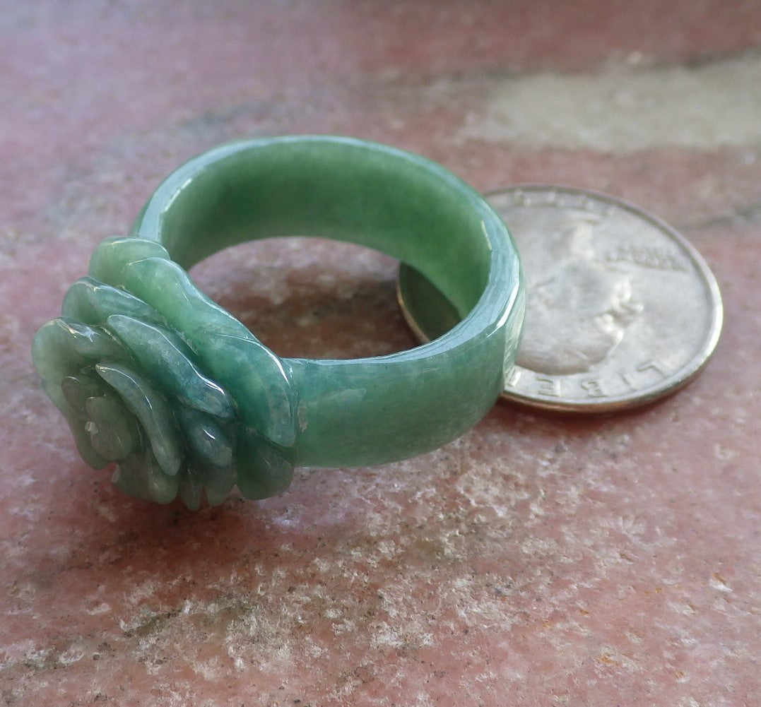 Certified Green Burma 100% Natural A JADE Jadeite Rose Flower RING USA. 11.75 花戒指 647101 TN