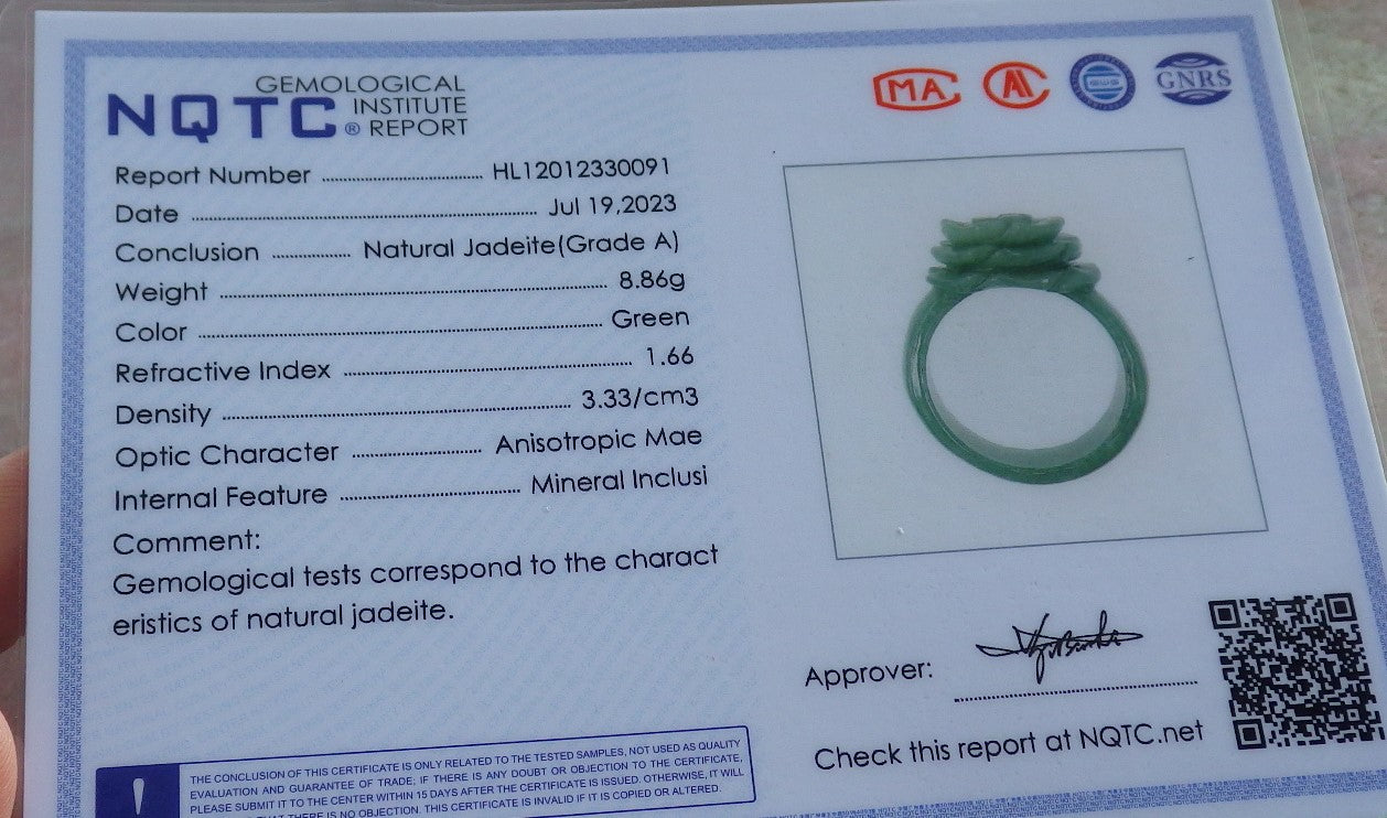 Certified Green Burma 100% Natural A JADE Jadeite Rose Flower RING USA. 11.75 花戒指 647101 TN
