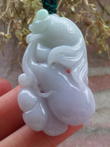 Certified Green Pale Lavender Burma 100% Natural A Jade jadeite Pendant Gold Fish Ruyi Necklace 金玉满堂 647177 TN