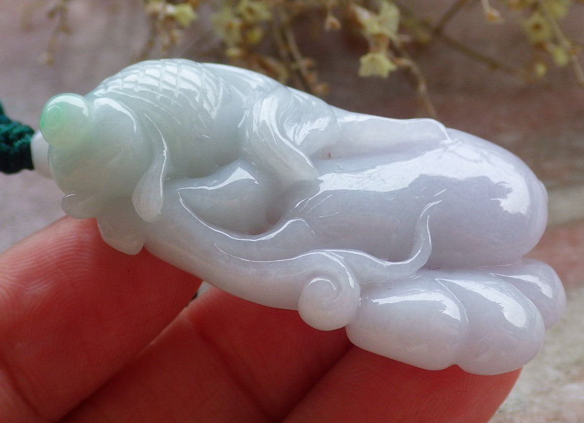 Certified Green Pale Lavender Burma 100% Natural A Jade jadeite Pendant Gold Fish Ruyi Necklace 金玉满堂 647177 TN