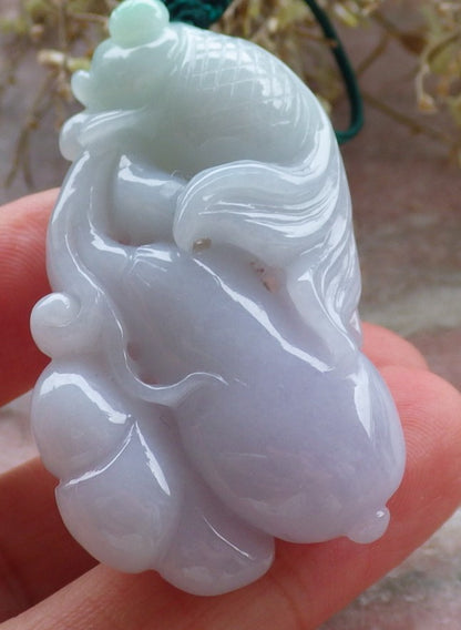 Certified Green Pale Lavender Burma 100% Natural A Jade jadeite Pendant Gold Fish Ruyi Necklace 金玉满堂 647177 TN