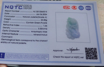 Certified Green Pale Lavender Burma 100% Natural A Jade jadeite Pendant Gold Fish Ruyi Necklace 金玉满堂 647177 TN