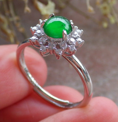 Certified Icy Green silver 0.925 Burma 100% Natural A JADE Jadeite Cabochon Flower RING USA 7.25 戒指 647195 TN