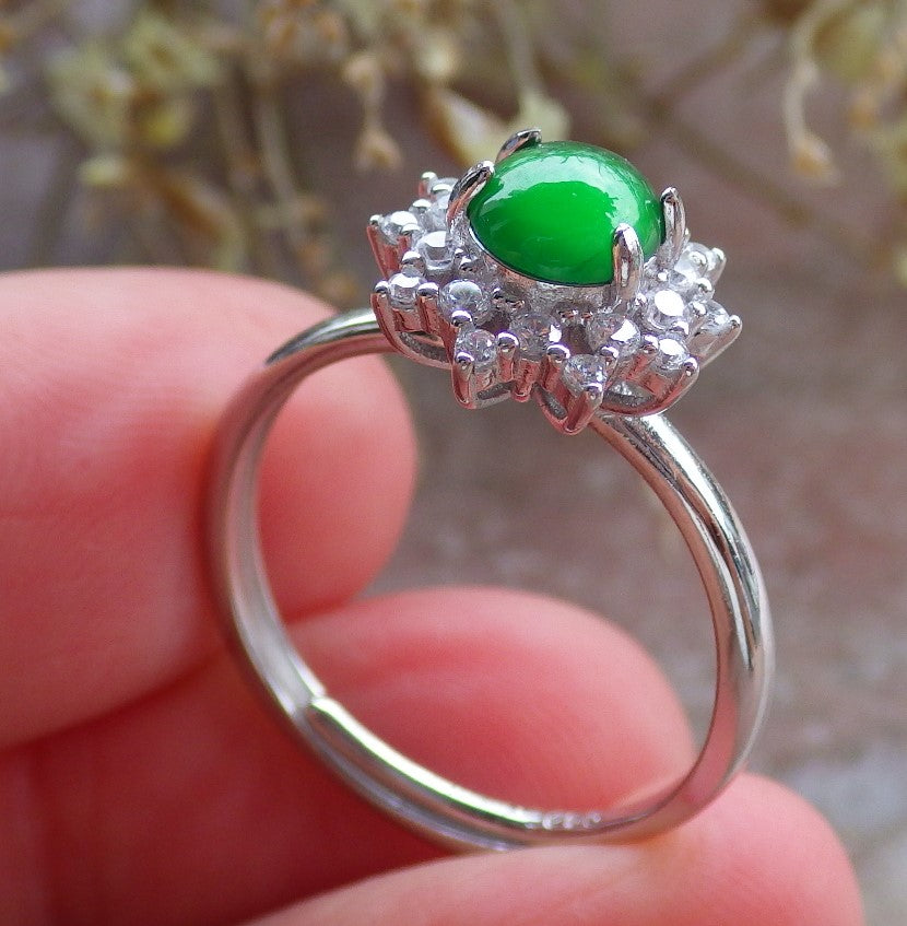 Certified Icy Green silver 0.925 Burma 100% Natural A JADE Jadeite Cabochon Flower RING USA 7.25 戒指 647195 TN