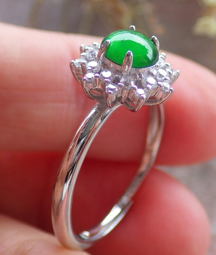 Certified Icy Green silver 0.925 Burma 100% Natural A JADE Jadeite Cabochon Flower RING USA 7.25 戒指 647195 TN