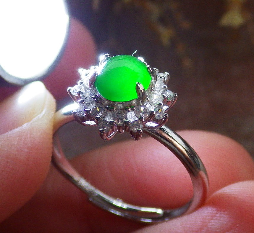 Certified Icy Green silver 0.925 Burma 100% Natural A JADE Jadeite Cabochon Flower RING USA 7.25 戒指 647195 TN