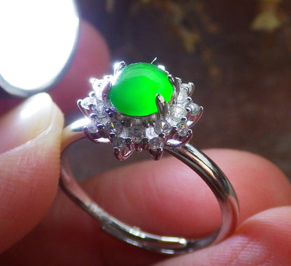 Certified Icy Green silver 0.925 Burma 100% Natural A JADE Jadeite Cabochon Flower RING USA 7.25 戒指 647195 TN