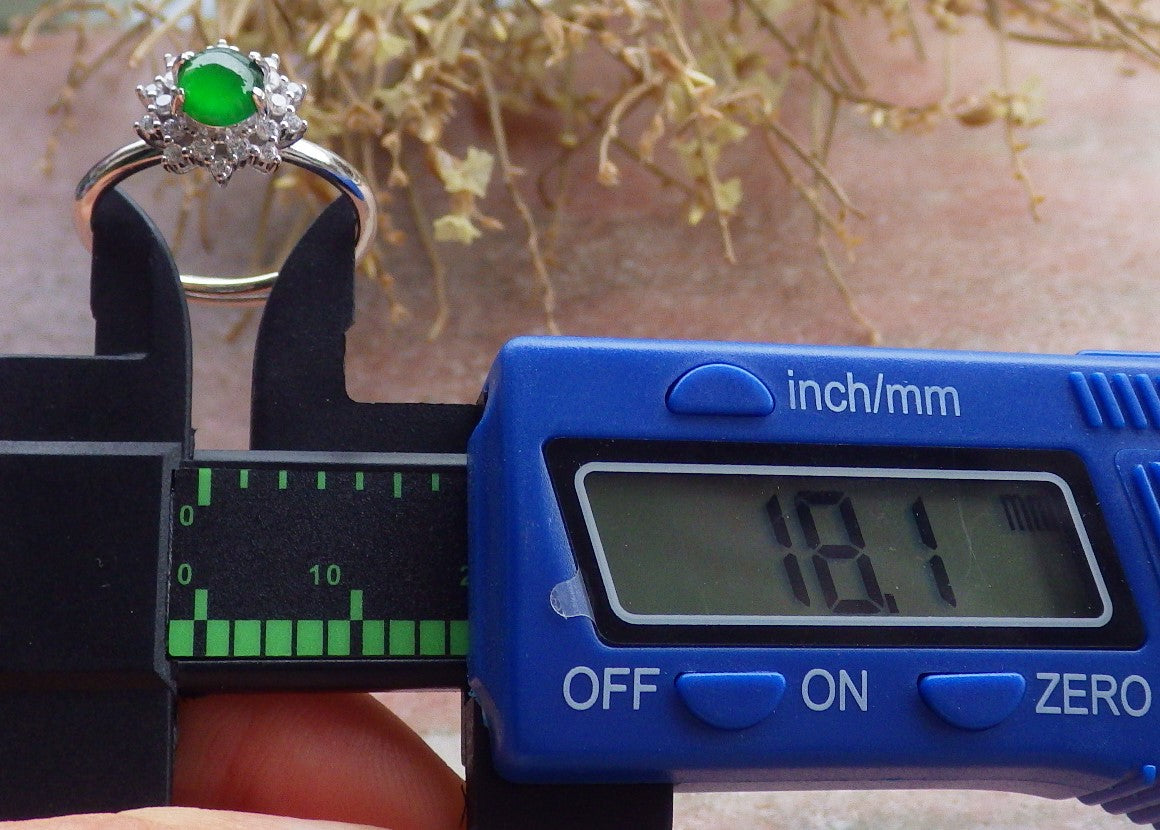 Certified Icy Green silver 0.925 Burma 100% Natural A JADE Jadeite Cabochon Flower RING USA 7.25 戒指 647195 TN