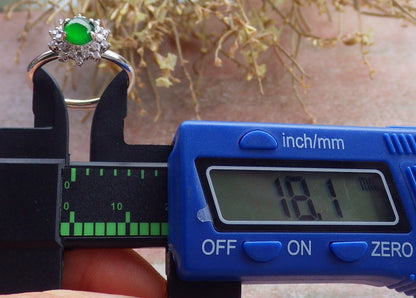 Certified Icy Green silver 0.925 Burma 100% Natural A JADE Jadeite Cabochon Flower RING USA 7.25 戒指 647195 TN