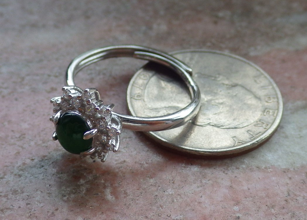 Certified Icy Green silver 0.925 Burma 100% Natural A JADE Jadeite Cabochon Flower RING USA 7.25 戒指 647195 TN