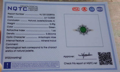 Certified Icy Green silver 0.925 Burma 100% Natural A JADE Jadeite Cabochon Flower RING USA 7.25 戒指 647195 TN