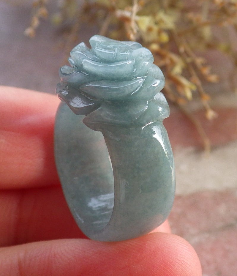 Certified Icy Green Burma 100% Natural A JADE Jadeite Rose Flower RING USA. 6.5 花戒指 647230 TN