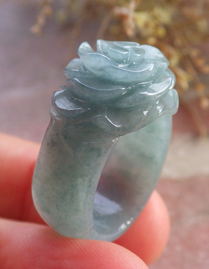 Certified Icy Green Burma 100% Natural A JADE Jadeite Rose Flower RING USA. 6.5 花戒指 647230 TN