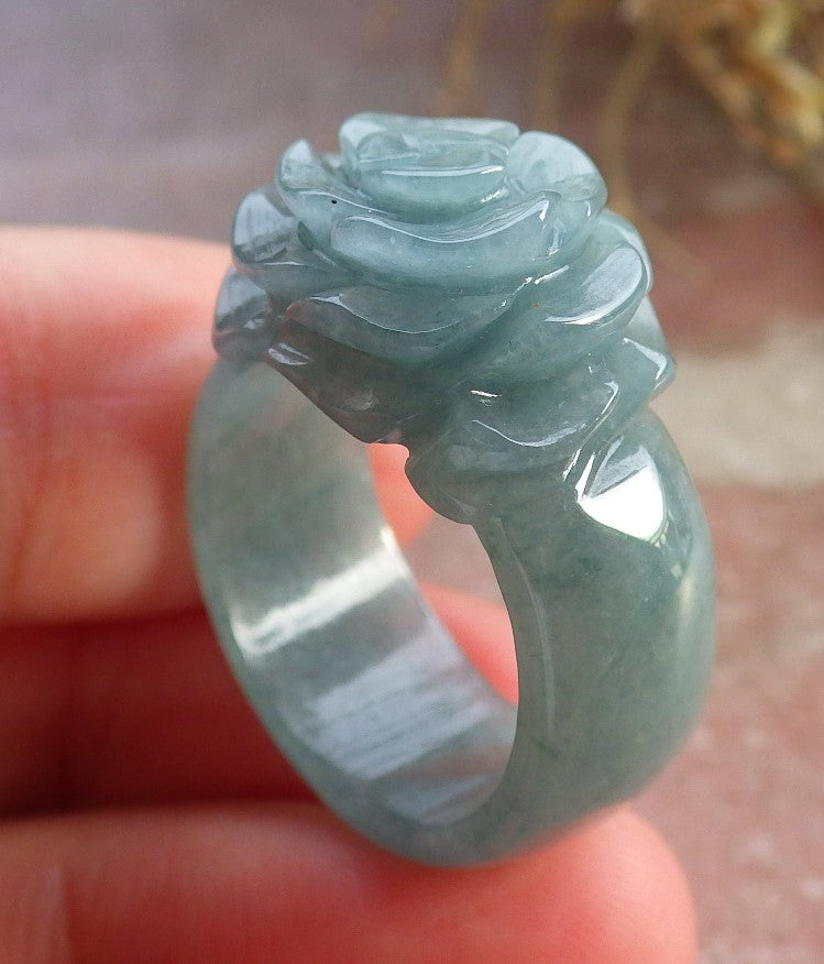 Certified Icy Green Burma 100% Natural A JADE Jadeite Rose Flower RING USA. 6.5 花戒指 647230 TN