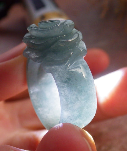 Certified Icy Green Burma 100% Natural A JADE Jadeite Rose Flower RING USA. 6.5 花戒指 647230 TN