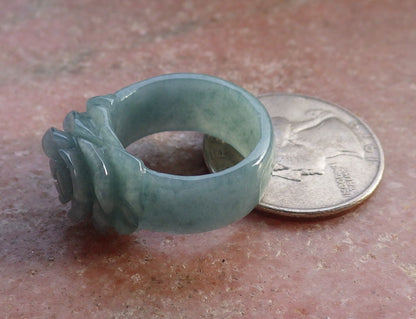 Certified Icy Green Burma 100% Natural A JADE Jadeite Rose Flower RING USA. 6.5 花戒指 647230 TN