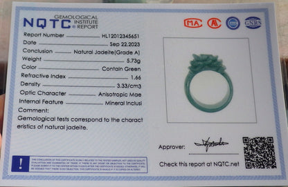 Certified Icy Green Burma 100% Natural A JADE Jadeite Rose Flower RING USA. 6.5 花戒指 647230 TN