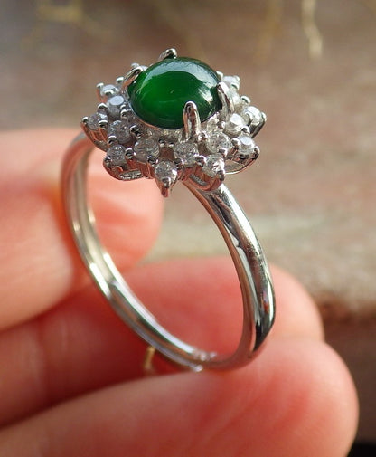 Certified Icy Green silver 0.925 Burma 100% Natural A JADE Jadeite Cabochon Flower RING USA 8 戒指 647239 TN
