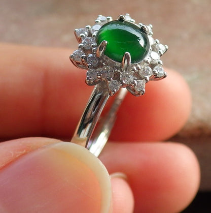 Certified Icy Green silver 0.925 Burma 100% Natural A JADE Jadeite Cabochon Flower RING USA 8 戒指 647239 TN