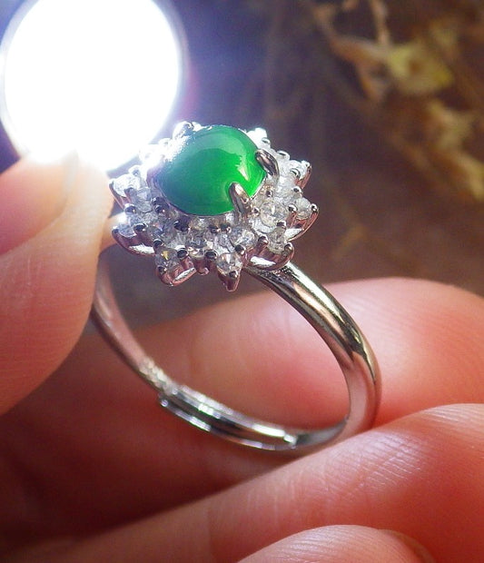 Certified Icy Green silver 0.925 Burma 100% Natural A JADE Jadeite Cabochon Flower RING USA 8 戒指 647239 TN